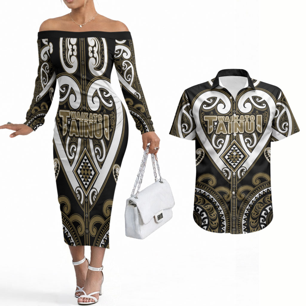 Custom Aotearoa Waikato Tainui Couples Matching Off The Shoulder Long Sleeve Dress and Hawaiian Shirt Maori Tribal Pattern