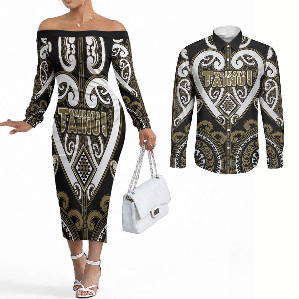 Custom Aotearoa Waikato Tainui Couples Matching Off The Shoulder Long Sleeve Dress and Long Sleeve Button Shirt Maori Tribal Pattern