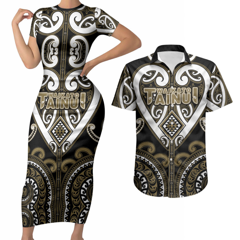 Custom Aotearoa Waikato Tainui Couples Matching Short Sleeve Bodycon Dress and Hawaiian Shirt Maori Tribal Pattern