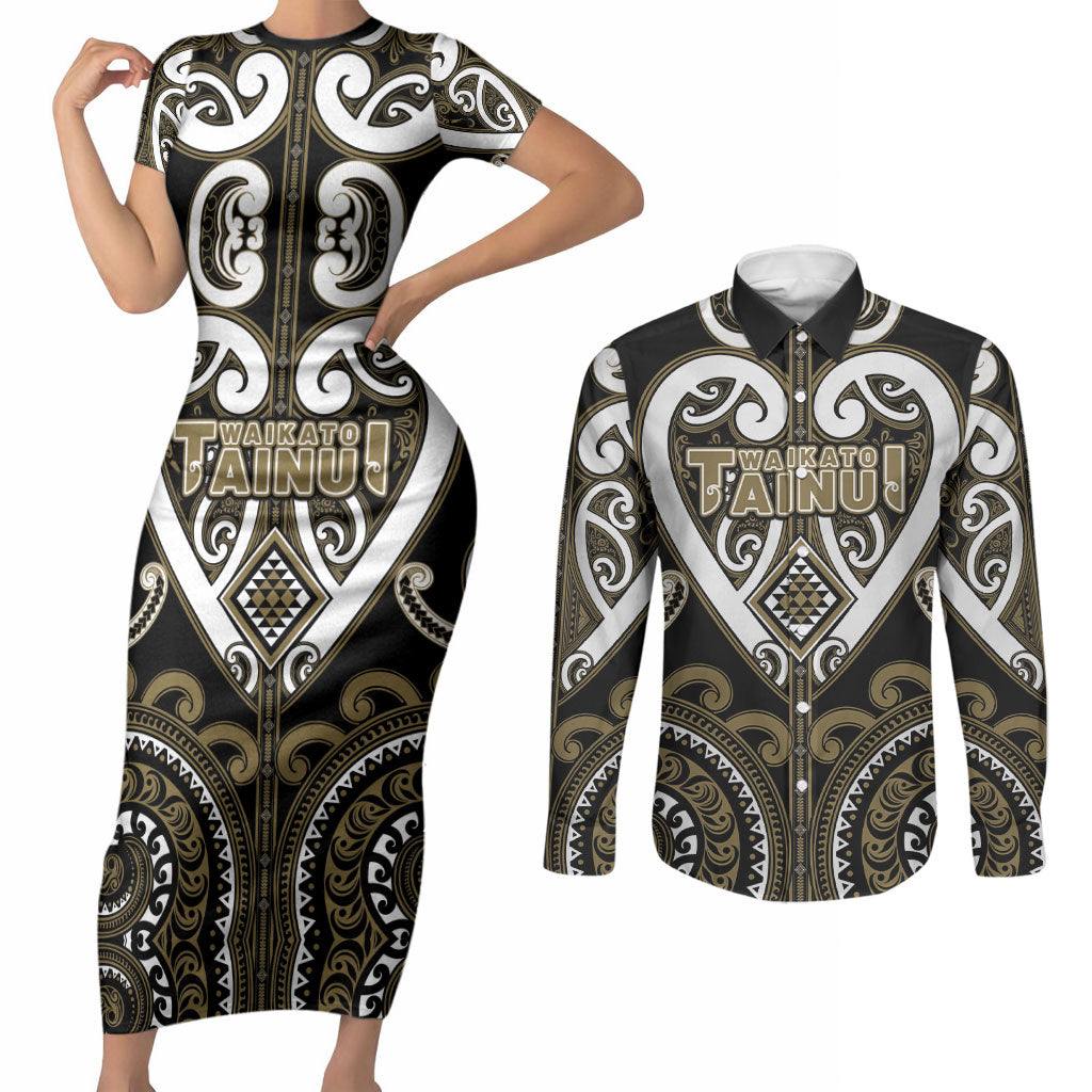 Custom Aotearoa Waikato Tainui Couples Matching Short Sleeve Bodycon Dress and Long Sleeve Button Shirt Maori Tribal Pattern
