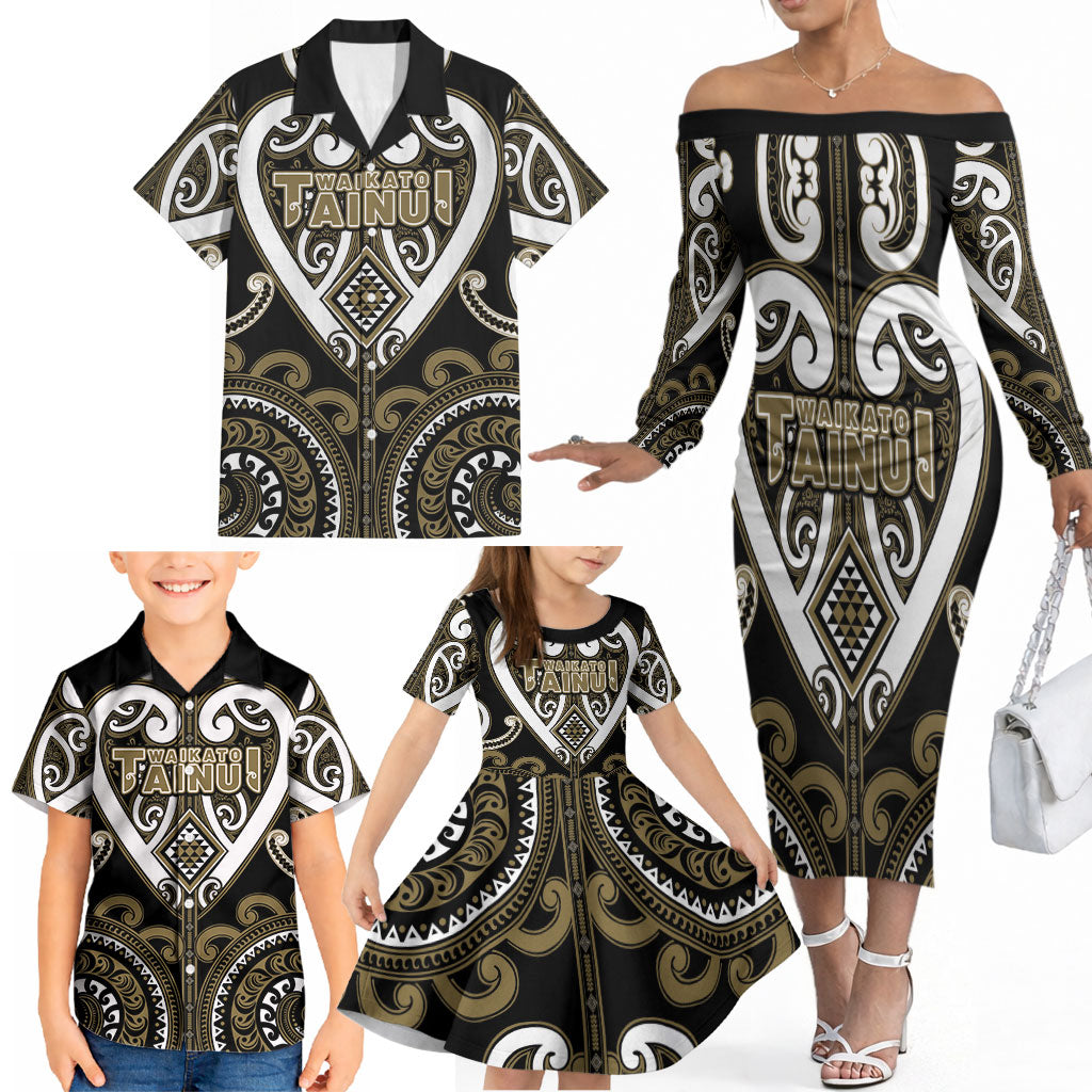 Custom Aotearoa Waikato Tainui Family Matching Off The Shoulder Long Sleeve Dress and Hawaiian Shirt Maori Tribal Pattern