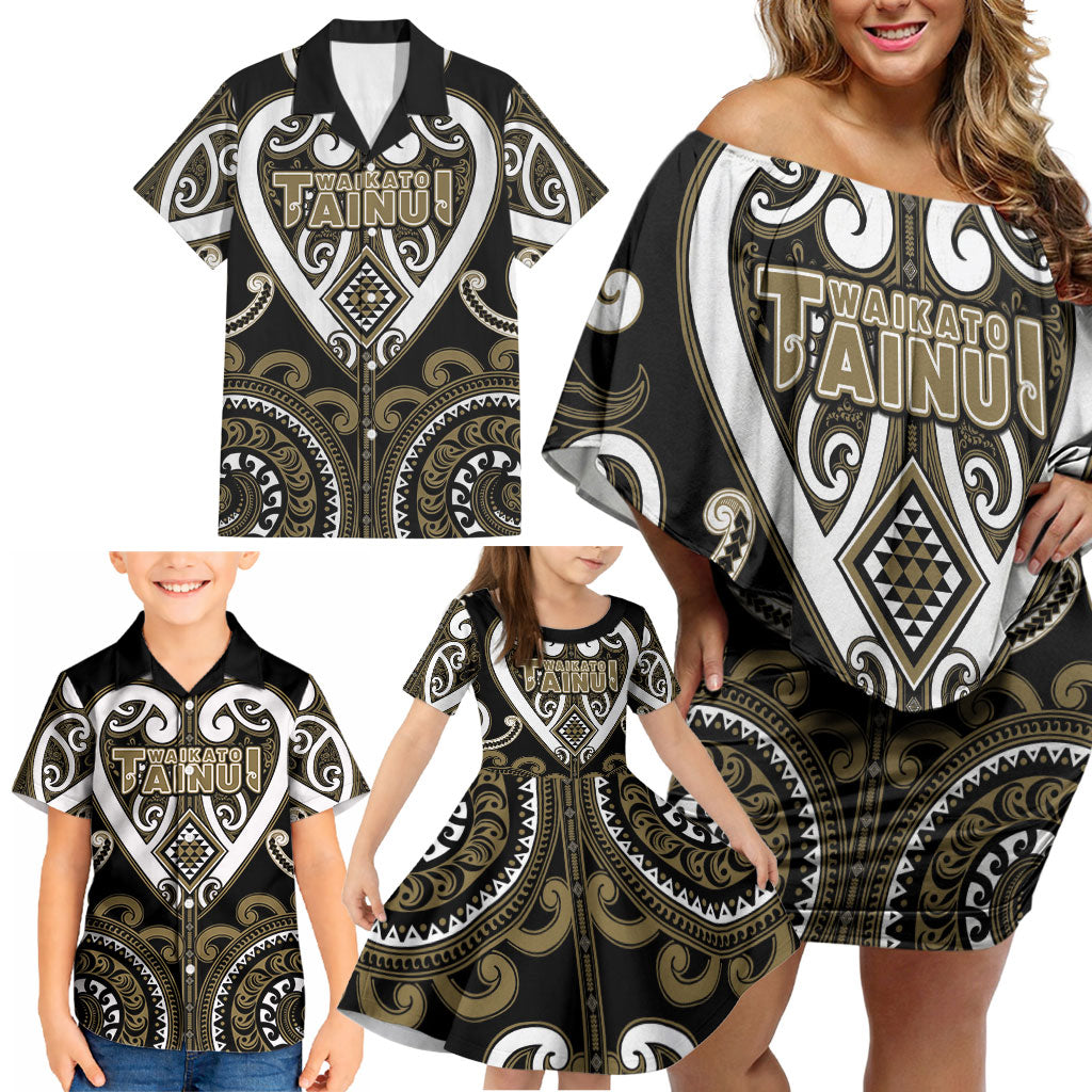Custom Aotearoa Waikato Tainui Family Matching Off Shoulder Short Dress and Hawaiian Shirt Maori Tribal Pattern