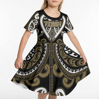 Custom Aotearoa Waikato Tainui Kid Short Sleeve Dress Maori Tribal Pattern