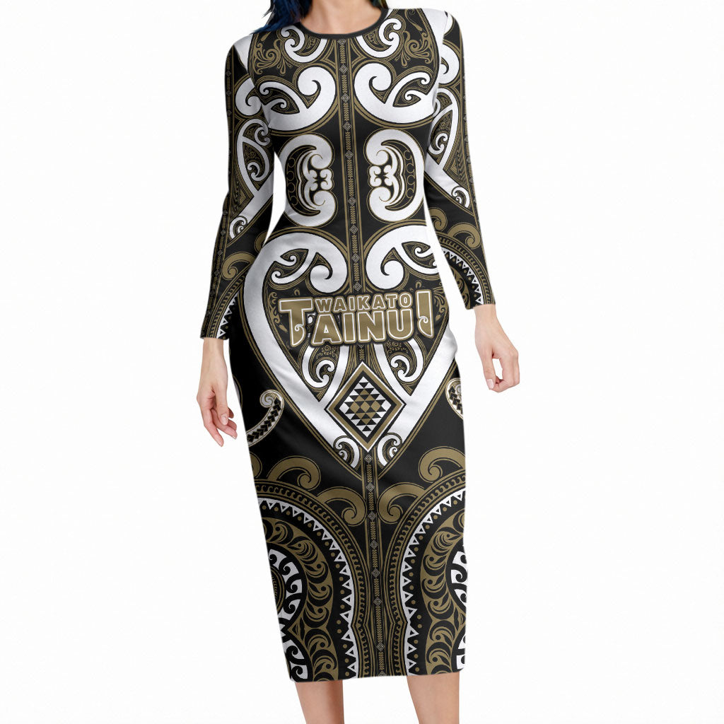 Custom Aotearoa Waikato Tainui Long Sleeve Bodycon Dress Maori Tribal Pattern