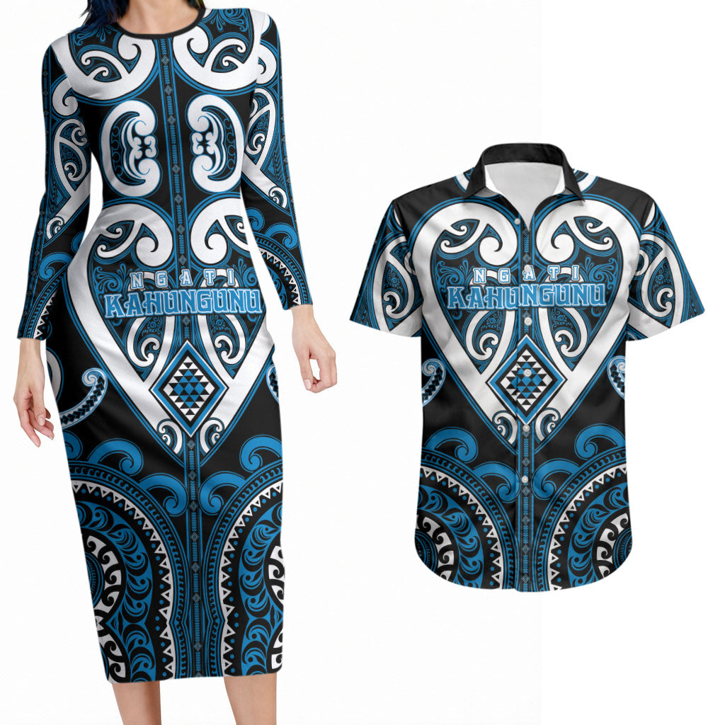 Custom Aotearoa Ngati Kahungunu Couples Matching Long Sleeve Bodycon Dress and Hawaiian Shirt Maori Tribal Pattern LT05 Blue - Polynesian Pride