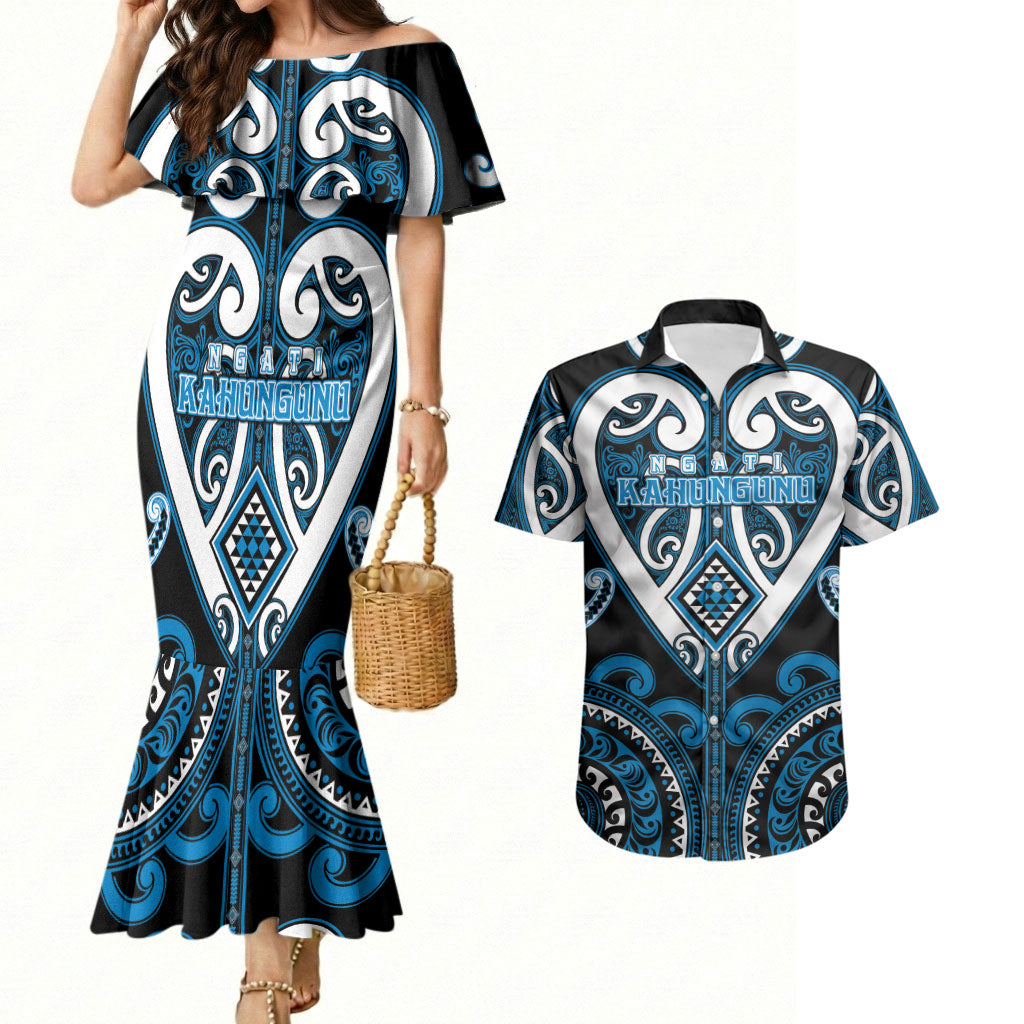 Custom Aotearoa Ngati Kahungunu Couples Matching Mermaid Dress and Hawaiian Shirt Maori Tribal Pattern LT05 Blue - Polynesian Pride