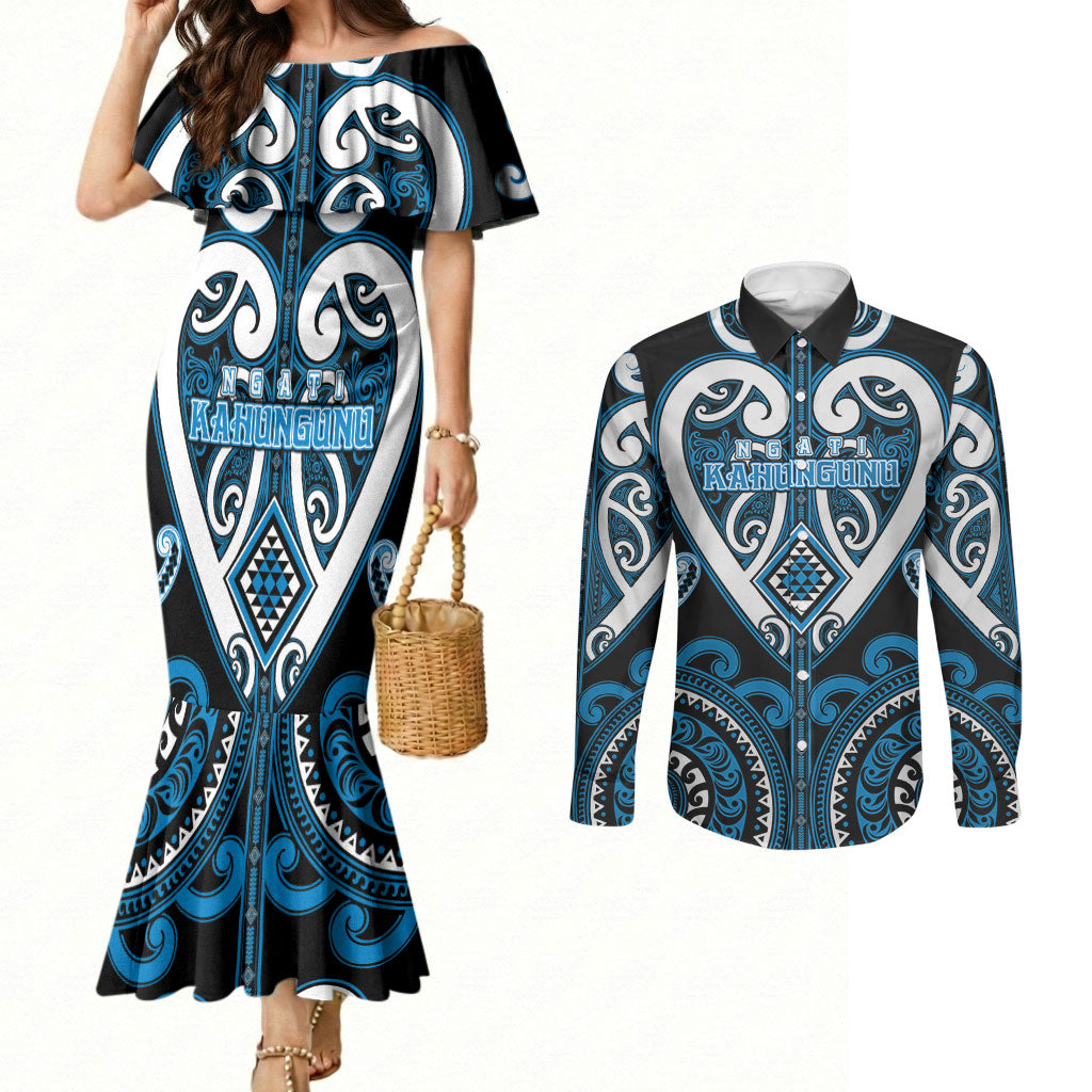 Custom Aotearoa Ngati Kahungunu Couples Matching Mermaid Dress and Long Sleeve Button Shirt Maori Tribal Pattern