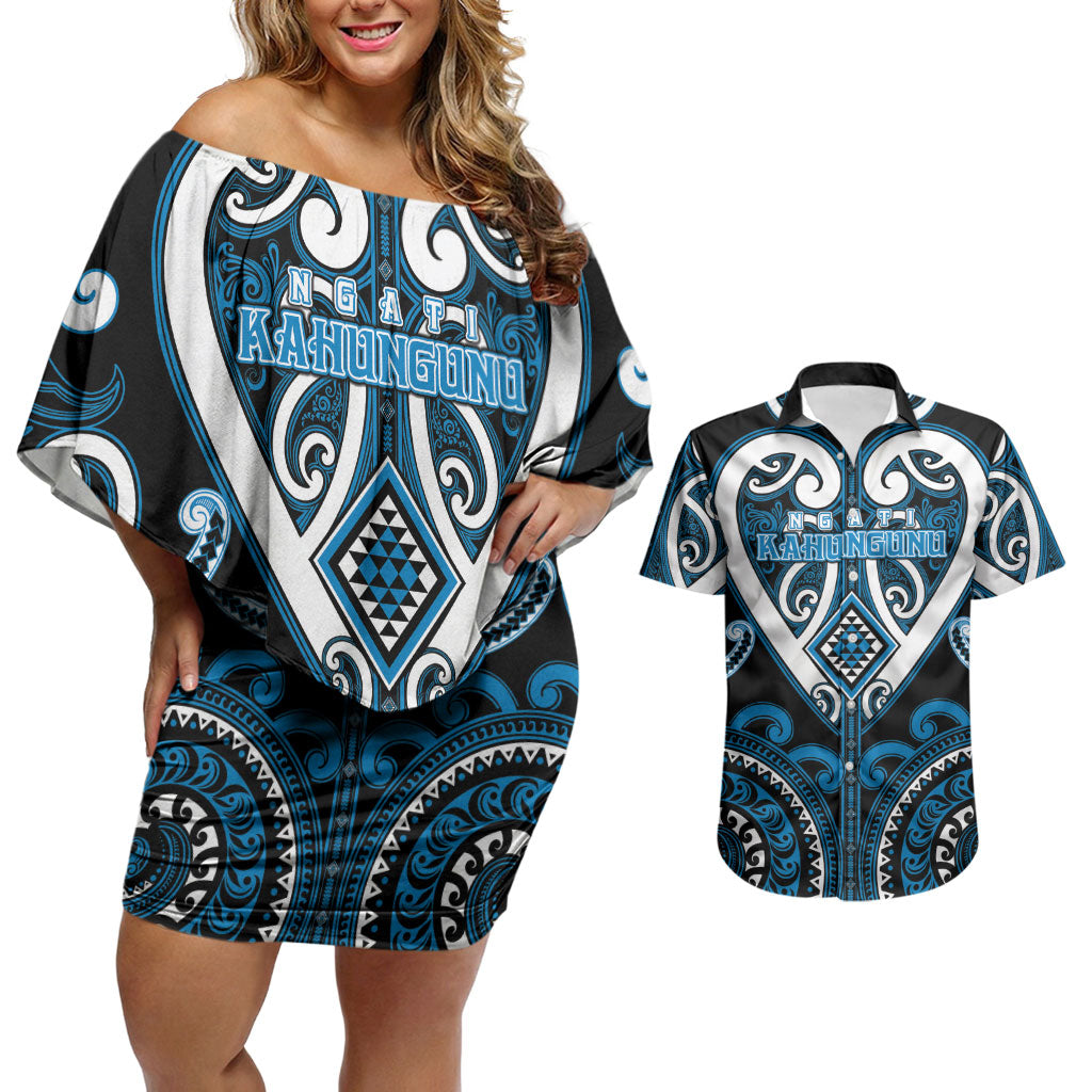 Custom Aotearoa Ngati Kahungunu Couples Matching Off Shoulder Short Dress and Hawaiian Shirt Maori Tribal Pattern