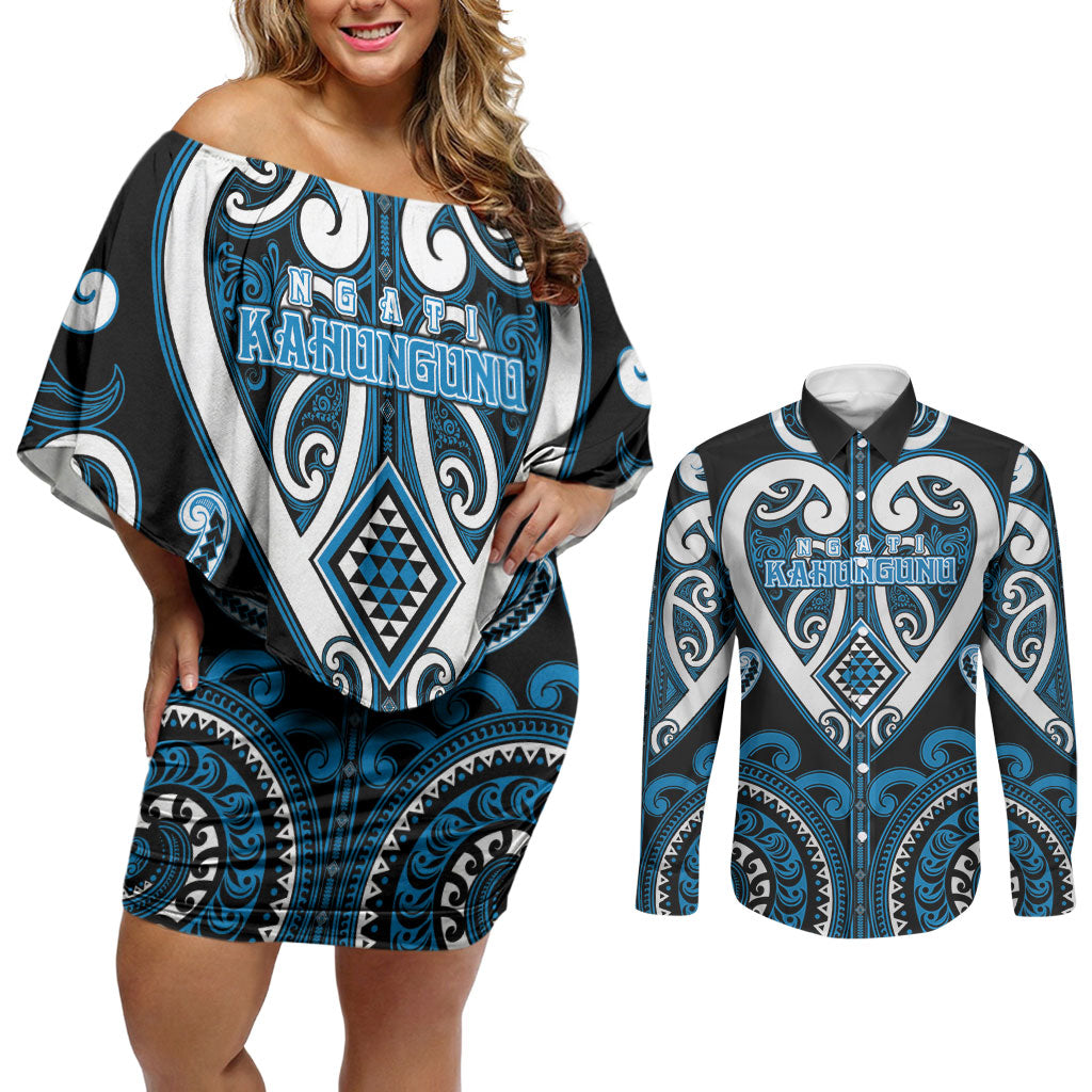 Custom Aotearoa Ngati Kahungunu Couples Matching Off Shoulder Short Dress and Long Sleeve Button Shirt Maori Tribal Pattern LT05 Blue - Polynesian Pride