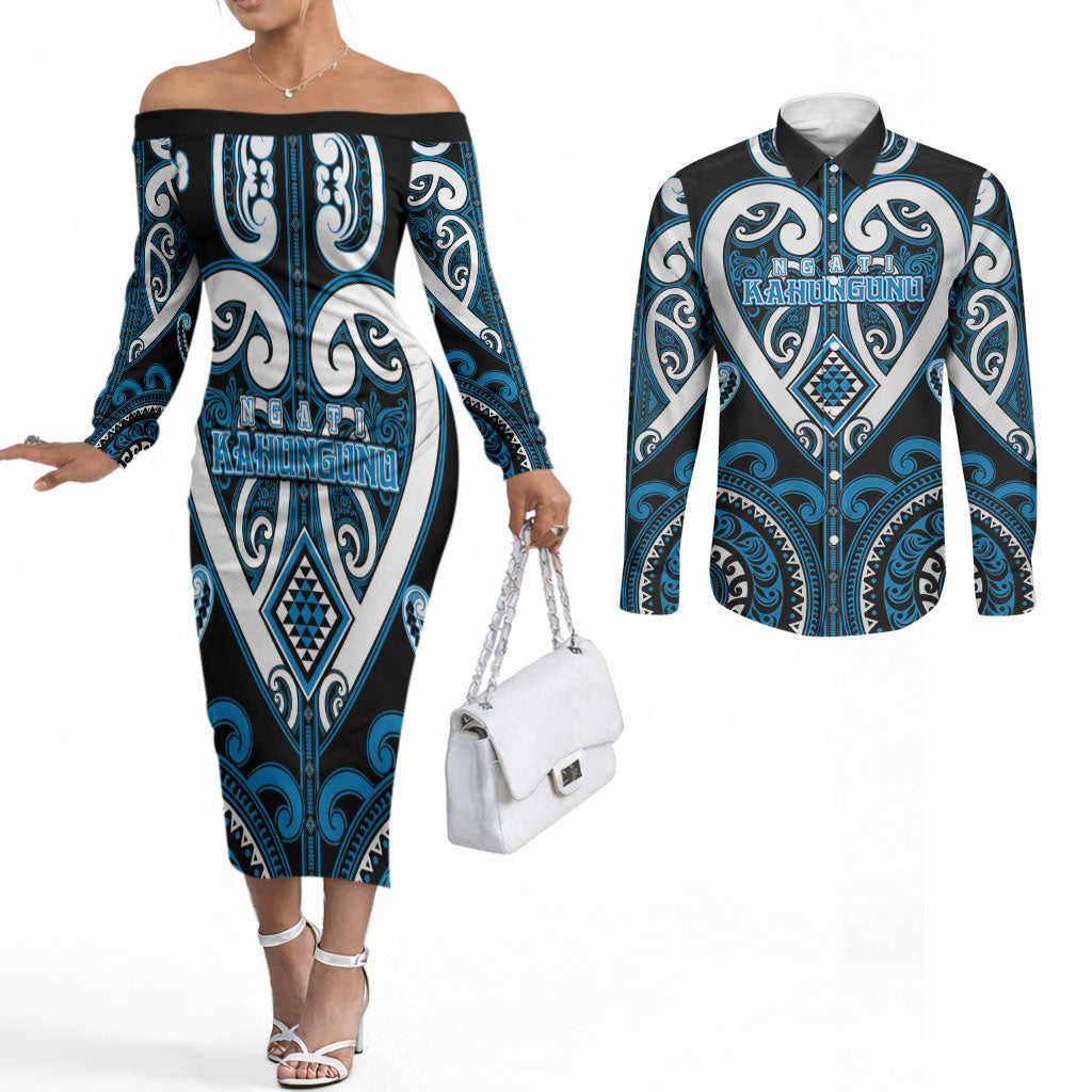 Custom Aotearoa Ngati Kahungunu Couples Matching Off The Shoulder Long Sleeve Dress and Long Sleeve Button Shirt Maori Tribal Pattern LT05 Blue - Polynesian Pride