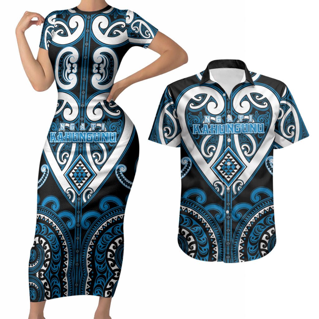 Custom Aotearoa Ngati Kahungunu Couples Matching Short Sleeve Bodycon Dress and Hawaiian Shirt Maori Tribal Pattern LT05 Blue - Polynesian Pride