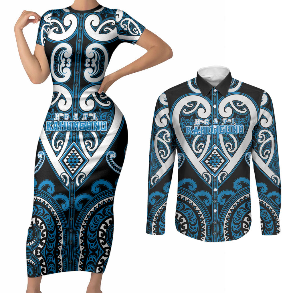 Custom Aotearoa Ngati Kahungunu Couples Matching Short Sleeve Bodycon Dress and Long Sleeve Button Shirt Maori Tribal Pattern