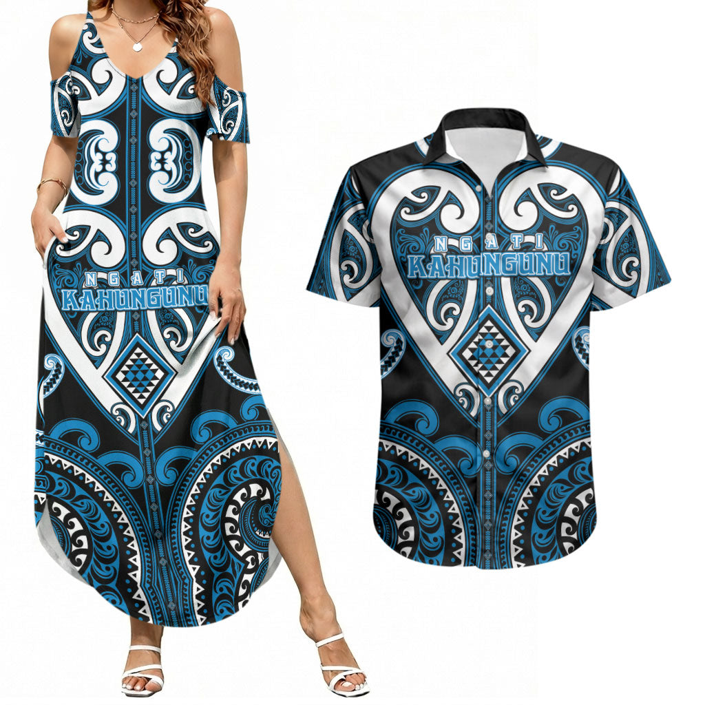 Custom Aotearoa Ngati Kahungunu Couples Matching Summer Maxi Dress and Hawaiian Shirt Maori Tribal Pattern LT05 Blue - Polynesian Pride