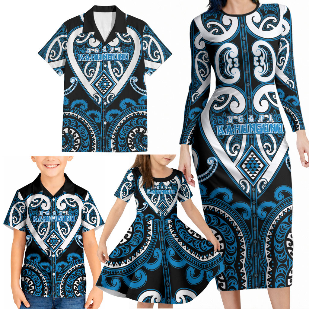 Custom Aotearoa Ngati Kahungunu Family Matching Long Sleeve Bodycon Dress and Hawaiian Shirt Maori Tribal Pattern