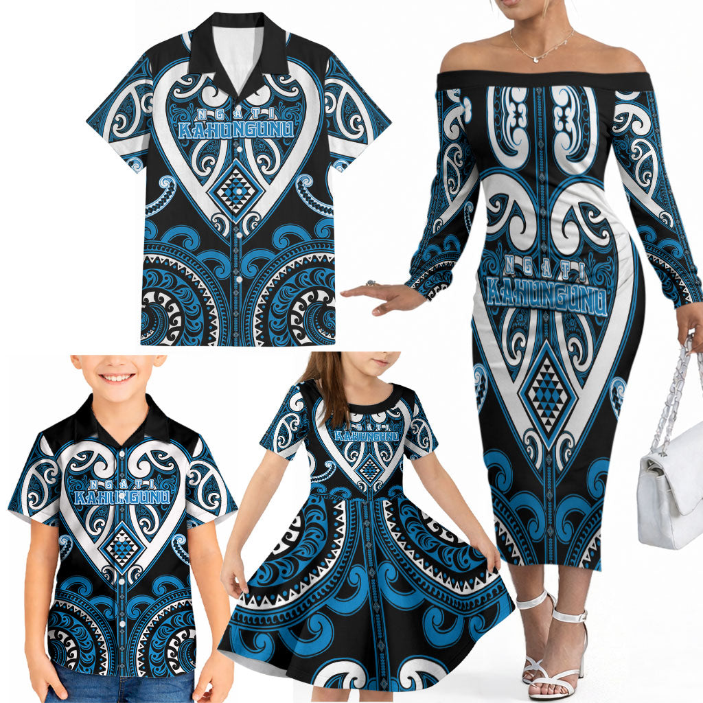 Custom Aotearoa Ngati Kahungunu Family Matching Off The Shoulder Long Sleeve Dress and Hawaiian Shirt Maori Tribal Pattern LT05 - Polynesian Pride