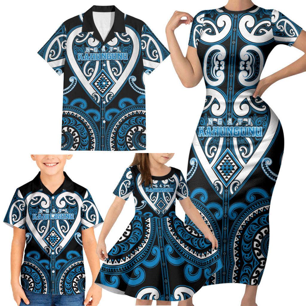 Custom Aotearoa Ngati Kahungunu Family Matching Short Sleeve Bodycon Dress and Hawaiian Shirt Maori Tribal Pattern