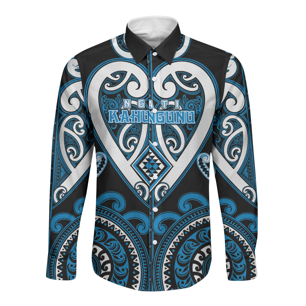Custom Aotearoa Ngati Kahungunu Long Sleeve Button Shirt Maori Tribal Pattern LT05 Unisex Blue - Polynesian Pride