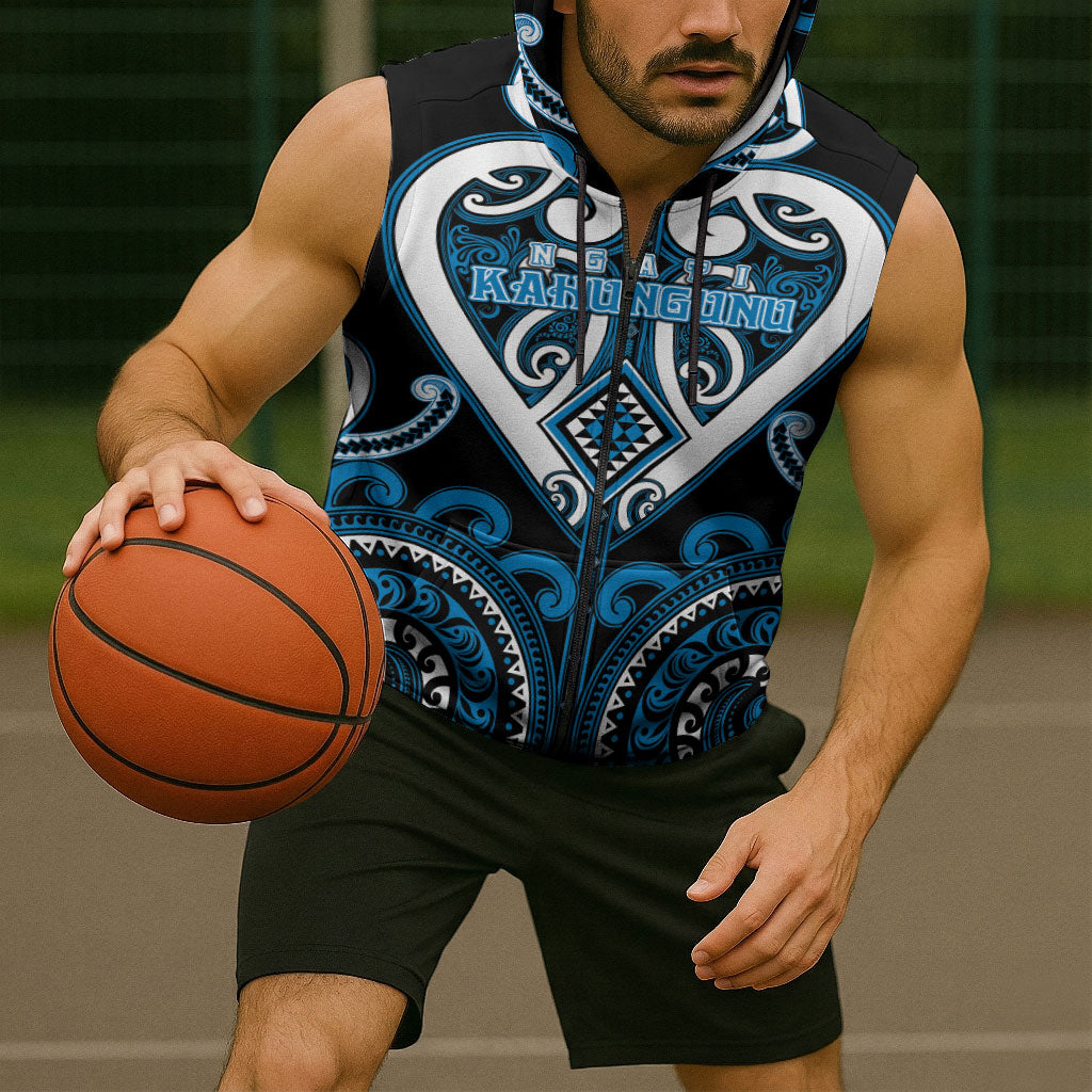 Custom Aotearoa Ngati Kahungunu Sleeveless Zip Hoodie Maori Tribal Pattern