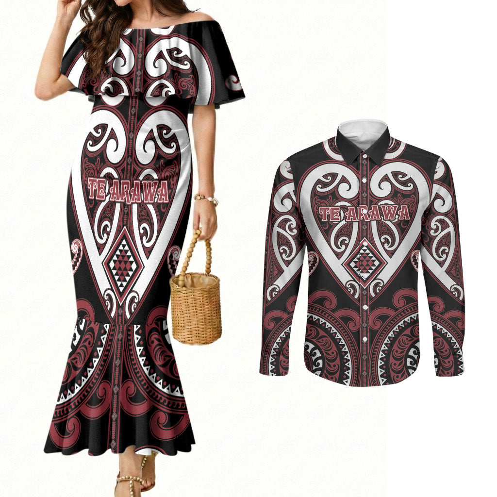 Custom Aotearoa Te Arawa Couples Matching Mermaid Dress and Long Sleeve Button Shirt Maori Tribal Pattern