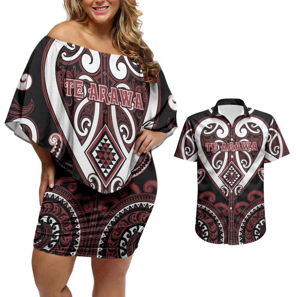 Custom Aotearoa Te Arawa Couples Matching Off Shoulder Short Dress and Hawaiian Shirt Maori Tribal Pattern