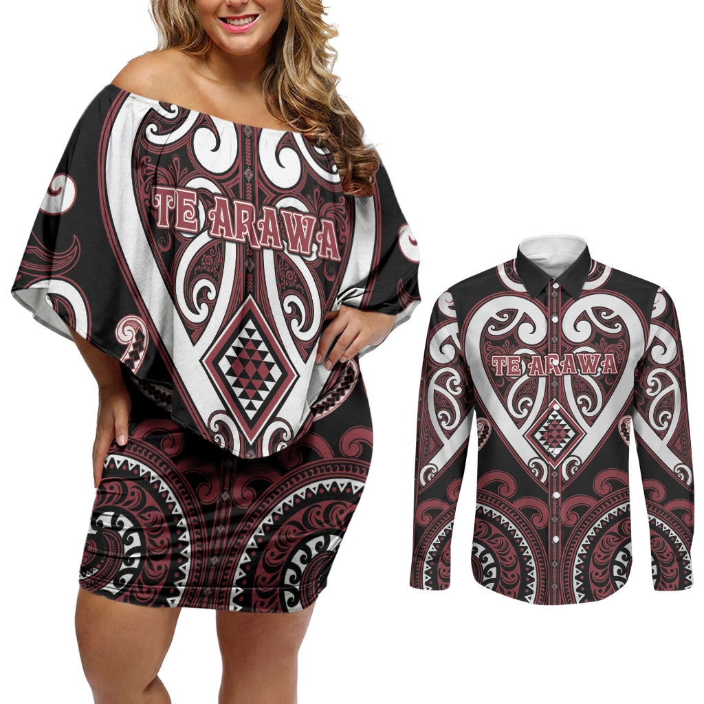 Custom Aotearoa Te Arawa Couples Matching Off Shoulder Short Dress and Long Sleeve Button Shirt Maori Tribal Pattern LT05 Red - Polynesian Pride