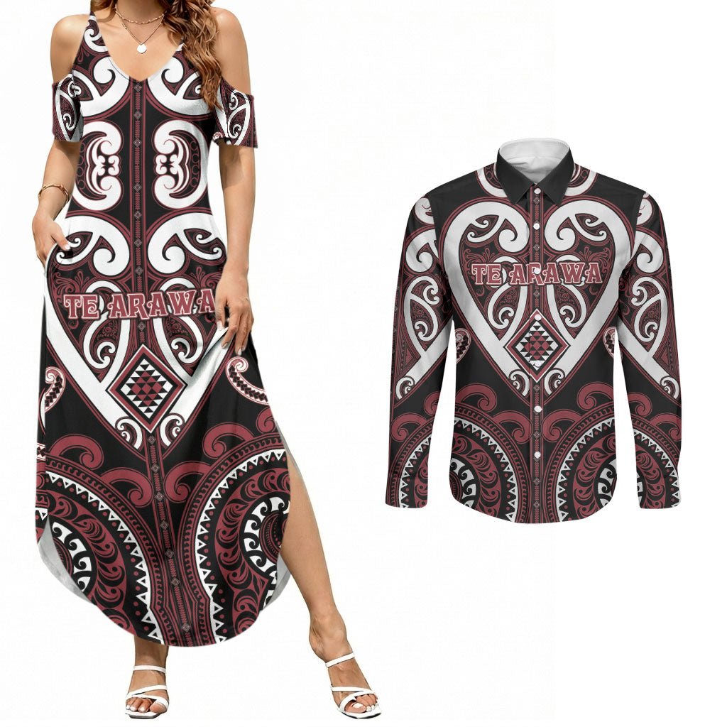 Custom Aotearoa Te Arawa Couples Matching Summer Maxi Dress and Long Sleeve Button Shirt Maori Tribal Pattern
