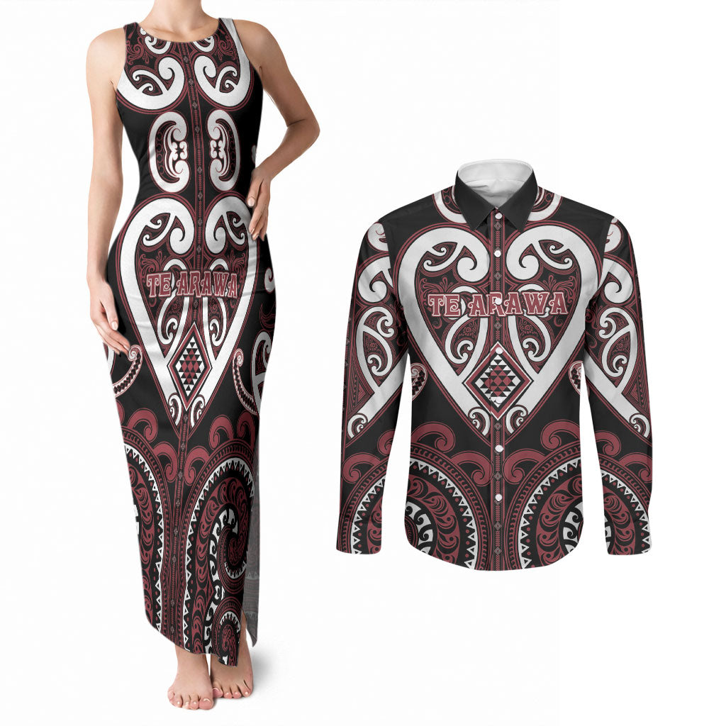 Custom Aotearoa Te Arawa Couples Matching Tank Maxi Dress and Long Sleeve Button Shirt Maori Tribal Pattern