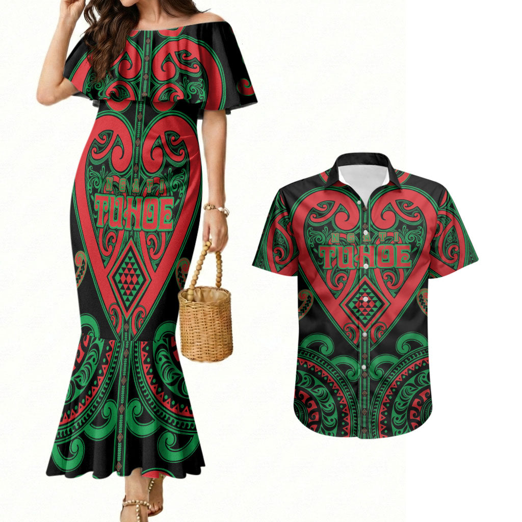 Custom Aotearoa Ngai Tuhoe Couples Matching Mermaid Dress and Hawaiian Shirt Maori Tribal Pattern LT05 Black - Polynesian Pride