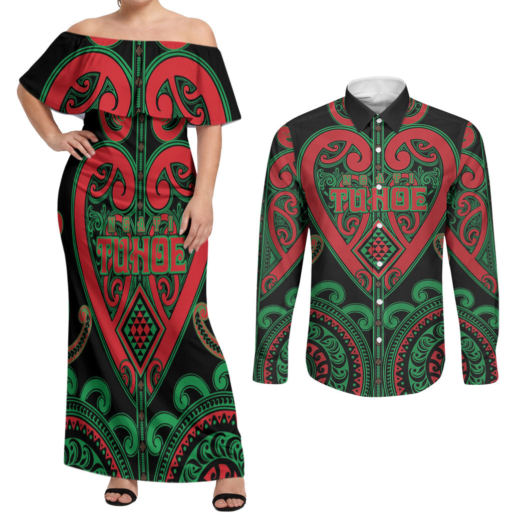 Custom Aotearoa Ngai Tuhoe Couples Matching Off Shoulder Maxi Dress and Long Sleeve Button Shirt Maori Tribal Pattern LT05 Black - Polynesian Pride
