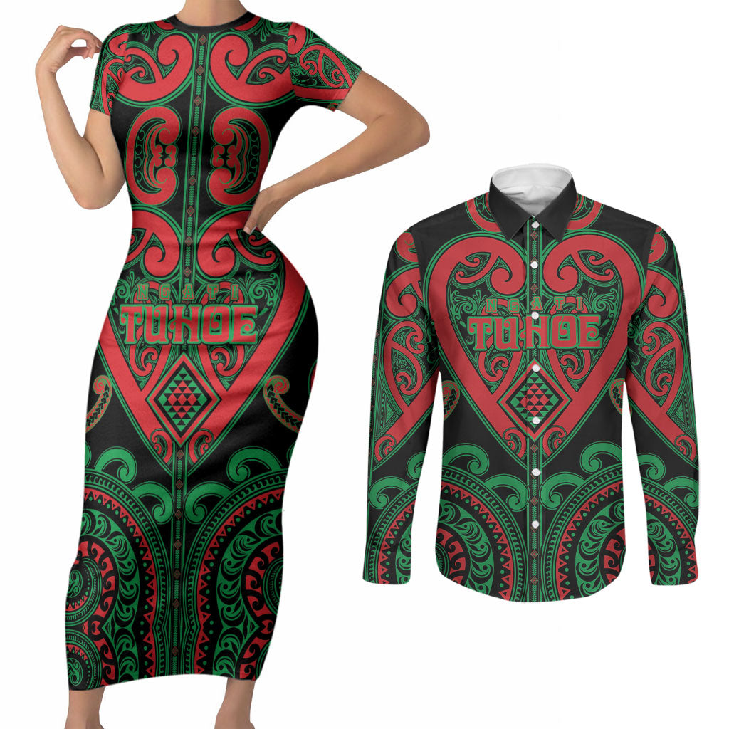 Custom Aotearoa Ngai Tuhoe Couples Matching Short Sleeve Bodycon Dress and Long Sleeve Button Shirt Maori Tribal Pattern LT05 Black - Polynesian Pride
