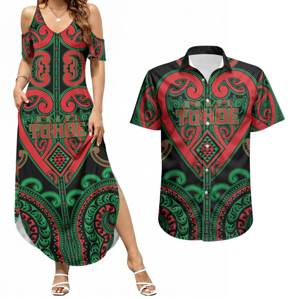 Custom Aotearoa Ngai Tuhoe Couples Matching Summer Maxi Dress and Hawaiian Shirt Maori Tribal Pattern