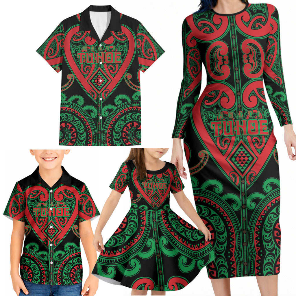 Custom Aotearoa Ngai Tuhoe Family Matching Long Sleeve Bodycon Dress and Hawaiian Shirt Maori Tribal Pattern
