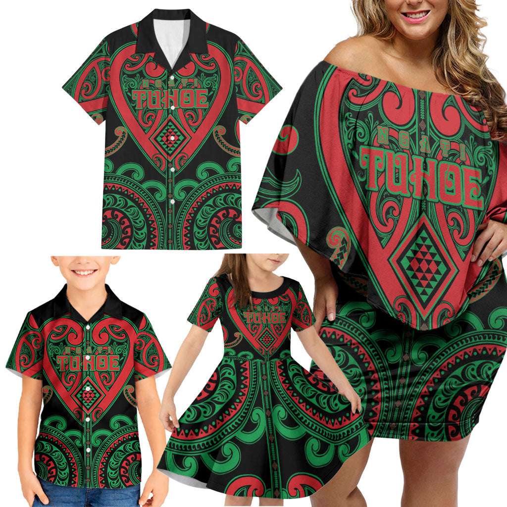 Custom Aotearoa Ngai Tuhoe Family Matching Off Shoulder Short Dress and Hawaiian Shirt Maori Tribal Pattern