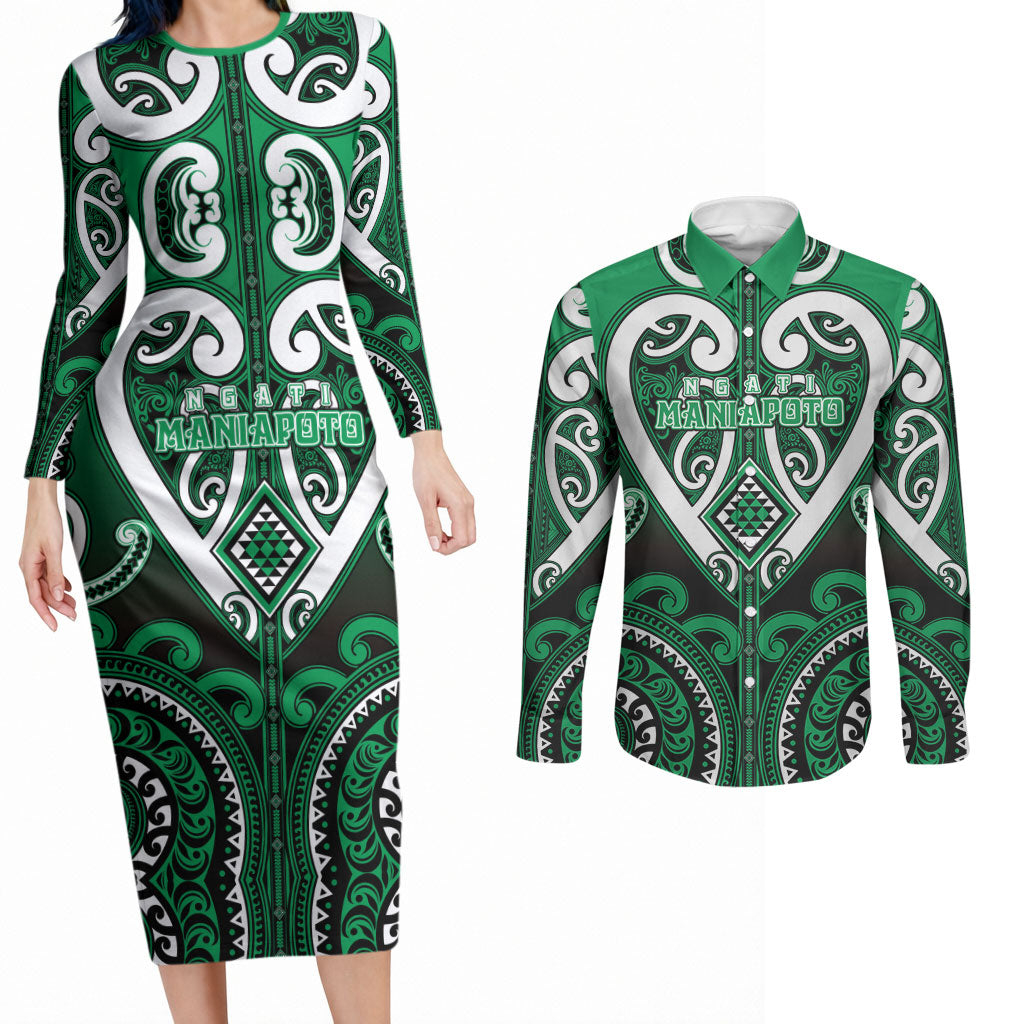 Custom Aotearoa Ngati Maniapoto Couples Matching Long Sleeve Bodycon Dress and Long Sleeve Button Shirt Maori Tribal Pattern