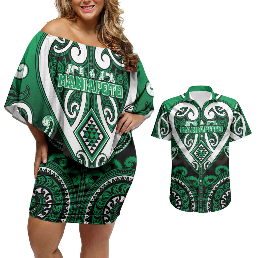 Custom Aotearoa Ngati Maniapoto Couples Matching Off Shoulder Short Dress and Hawaiian Shirt Maori Tribal Pattern LT05 Green - Polynesian Pride