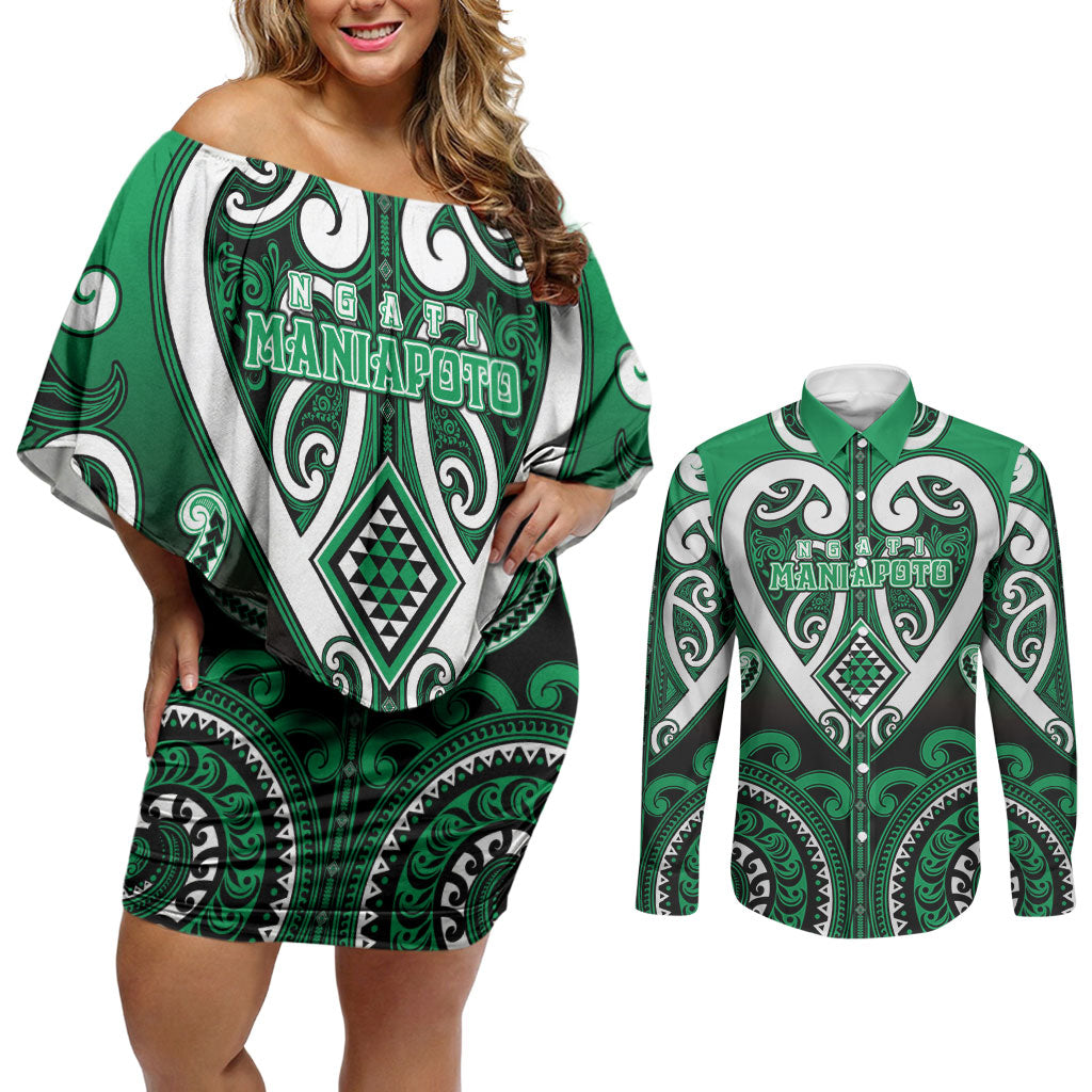 Custom Aotearoa Ngati Maniapoto Couples Matching Off Shoulder Short Dress and Long Sleeve Button Shirt Maori Tribal Pattern LT05 Green - Polynesian Pride