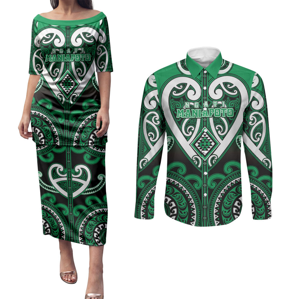 Custom Aotearoa Ngati Maniapoto Couples Matching Puletasi and Long Sleeve Button Shirt Maori Tribal Pattern