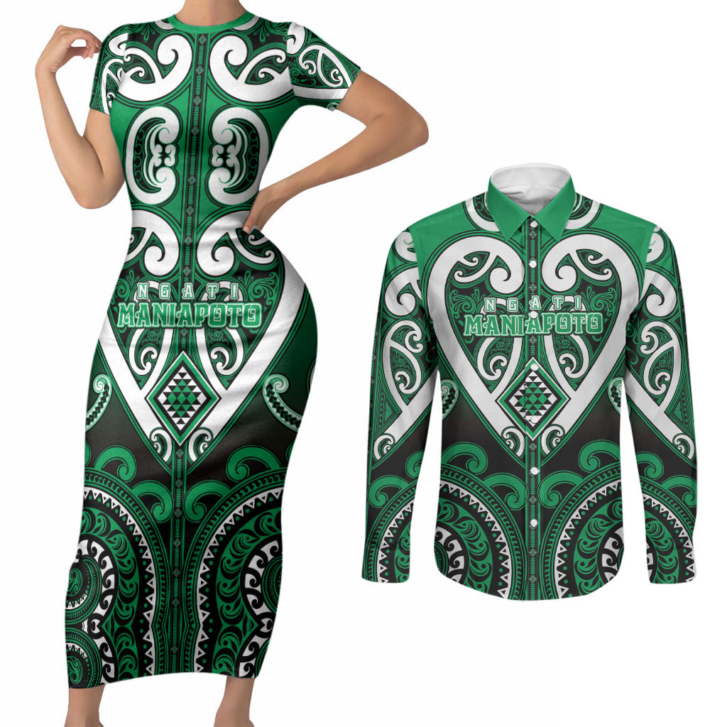 Custom Aotearoa Ngati Maniapoto Couples Matching Short Sleeve Bodycon Dress and Long Sleeve Button Shirt Maori Tribal Pattern