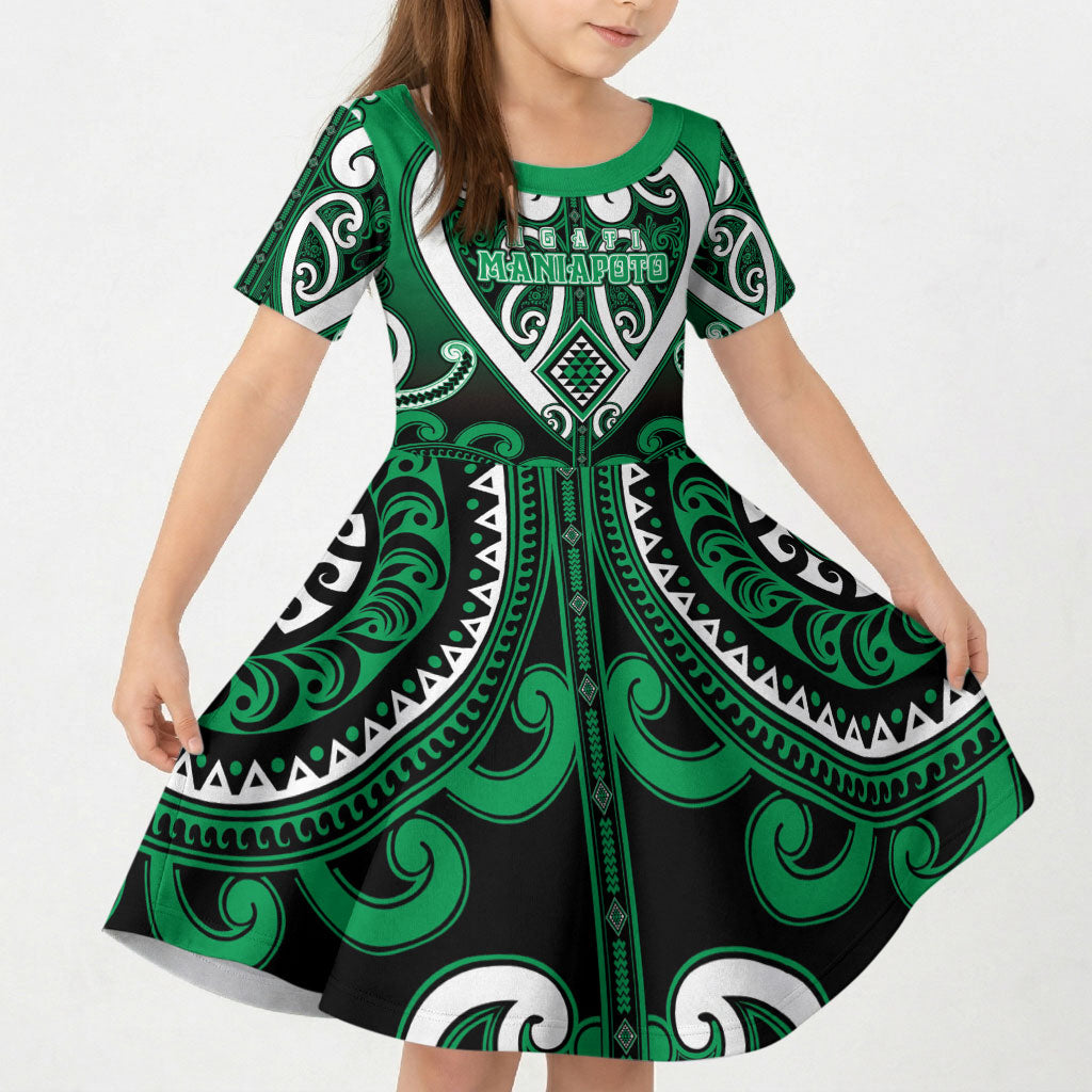 Custom Aotearoa Ngati Maniapoto Kid Short Sleeve Dress Maori Tribal Pattern