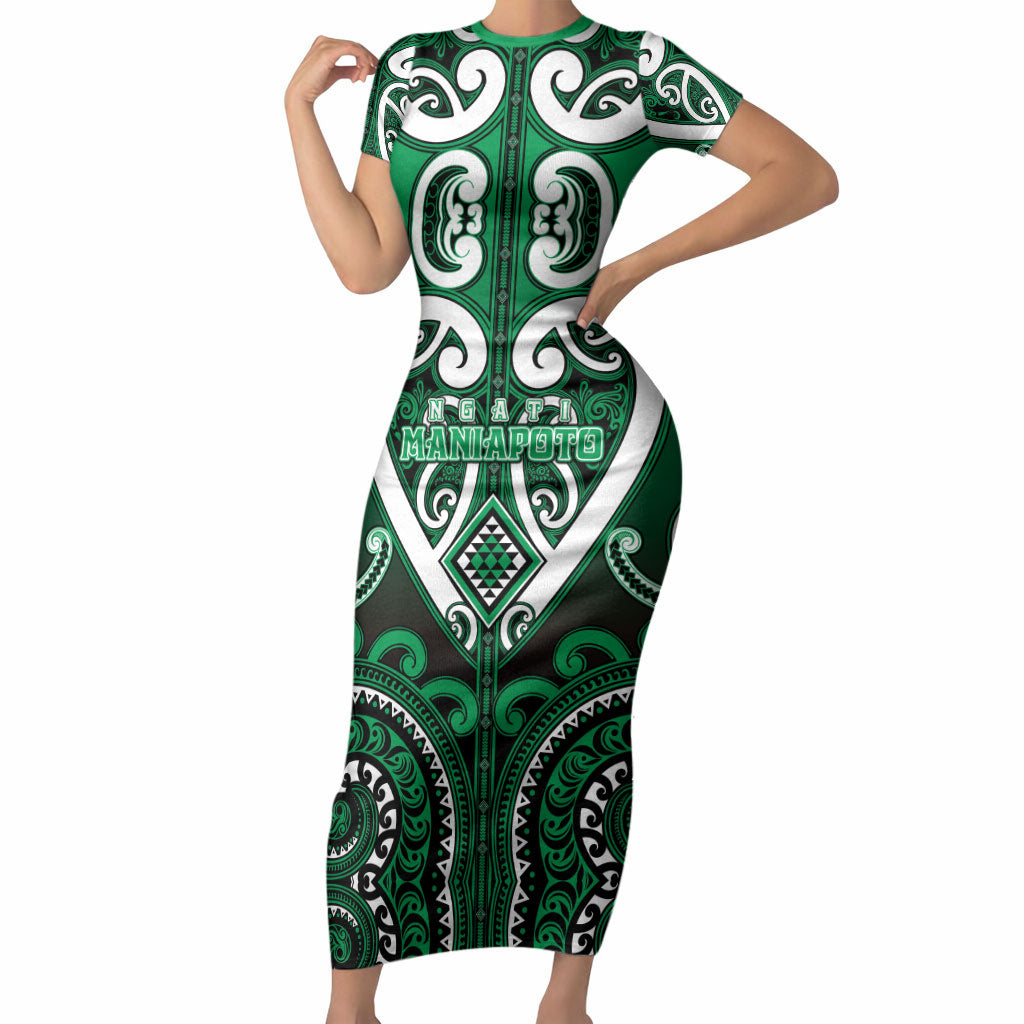 Custom Aotearoa Ngati Maniapoto Short Sleeve Bodycon Dress Maori Tribal Pattern LT05 Long Dress Green - Polynesian Pride