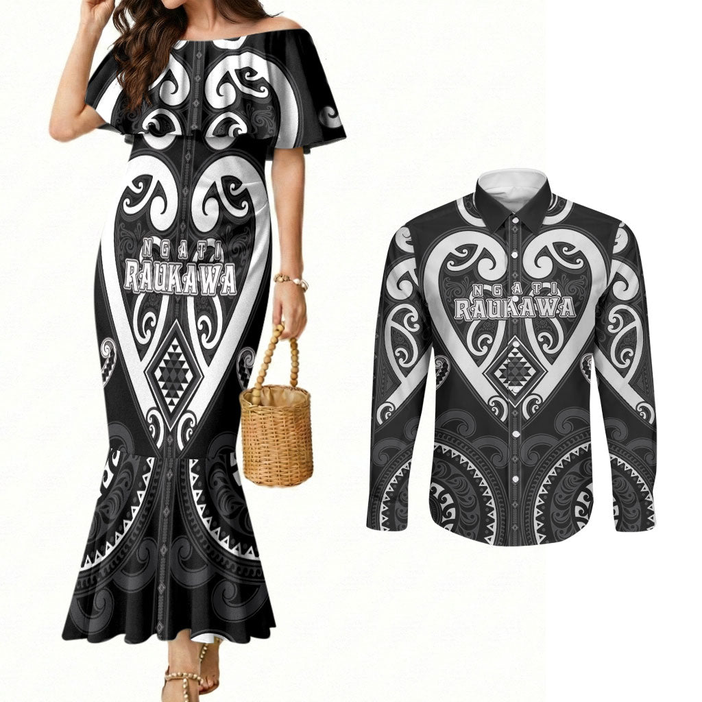 Custom Aotearoa Ngati Raukawa Couples Matching Mermaid Dress and Long Sleeve Button Shirt Maori Tribal Pattern LT05 Black - Polynesian Pride