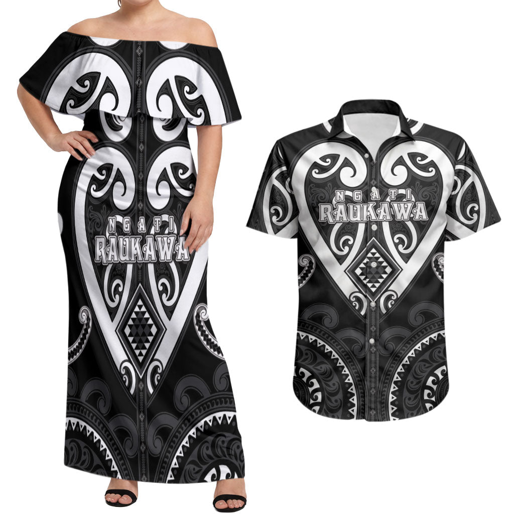 Custom Aotearoa Ngati Raukawa Couples Matching Off Shoulder Maxi Dress and Hawaiian Shirt Maori Tribal Pattern