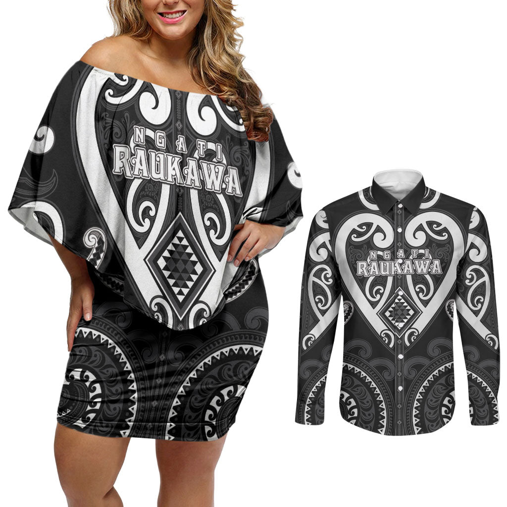 Custom Aotearoa Ngati Raukawa Couples Matching Off Shoulder Short Dress and Long Sleeve Button Shirt Maori Tribal Pattern LT05 Black - Polynesian Pride