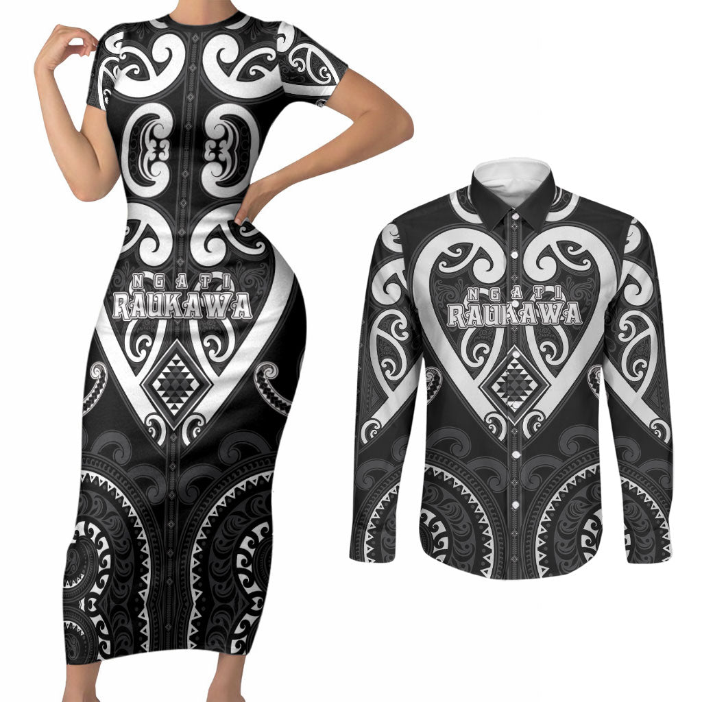 Custom Aotearoa Ngati Raukawa Couples Matching Short Sleeve Bodycon Dress and Long Sleeve Button Shirt Maori Tribal Pattern