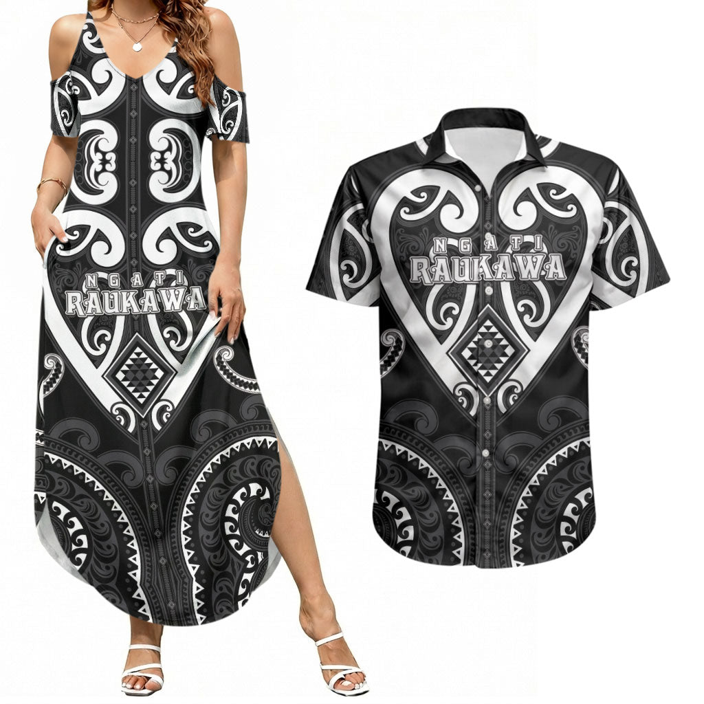 Custom Aotearoa Ngati Raukawa Couples Matching Summer Maxi Dress and Hawaiian Shirt Maori Tribal Pattern LT05 Black - Polynesian Pride