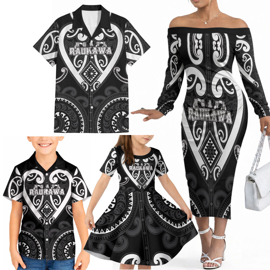 Custom Aotearoa Ngati Raukawa Family Matching Off The Shoulder Long Sleeve Dress and Hawaiian Shirt Maori Tribal Pattern