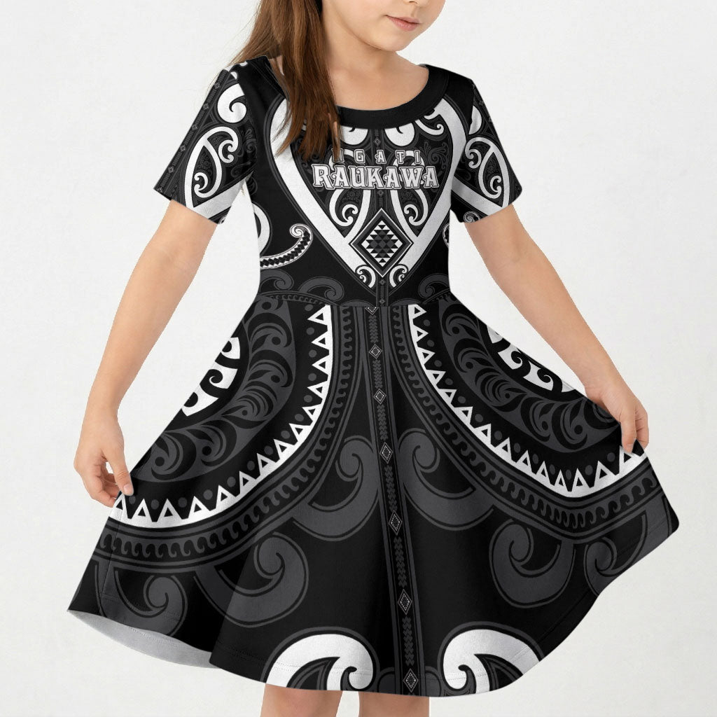 Custom Aotearoa Ngati Raukawa Kid Short Sleeve Dress Maori Tribal Pattern