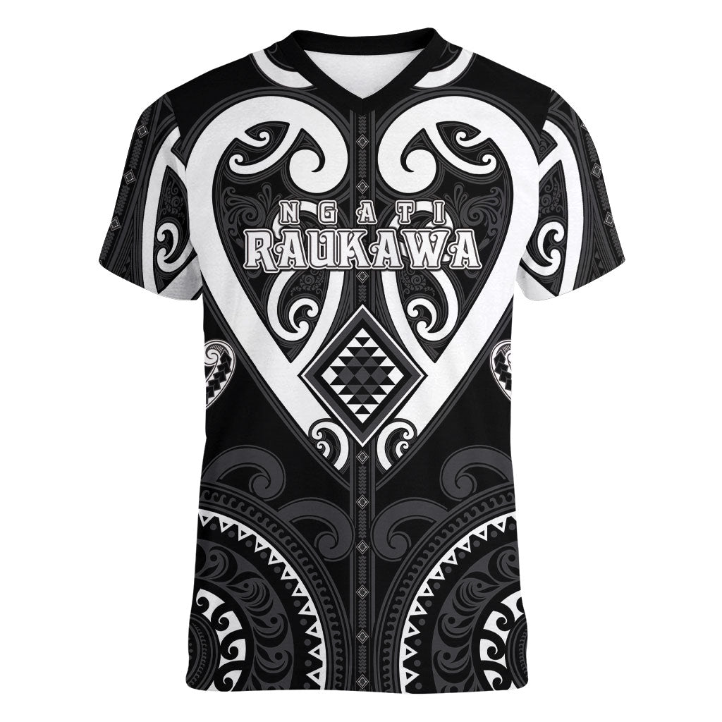 Custom Aotearoa Ngati Raukawa Women V-Neck T-Shirt Maori Tribal Pattern LT05 Female Black - Polynesian Pride