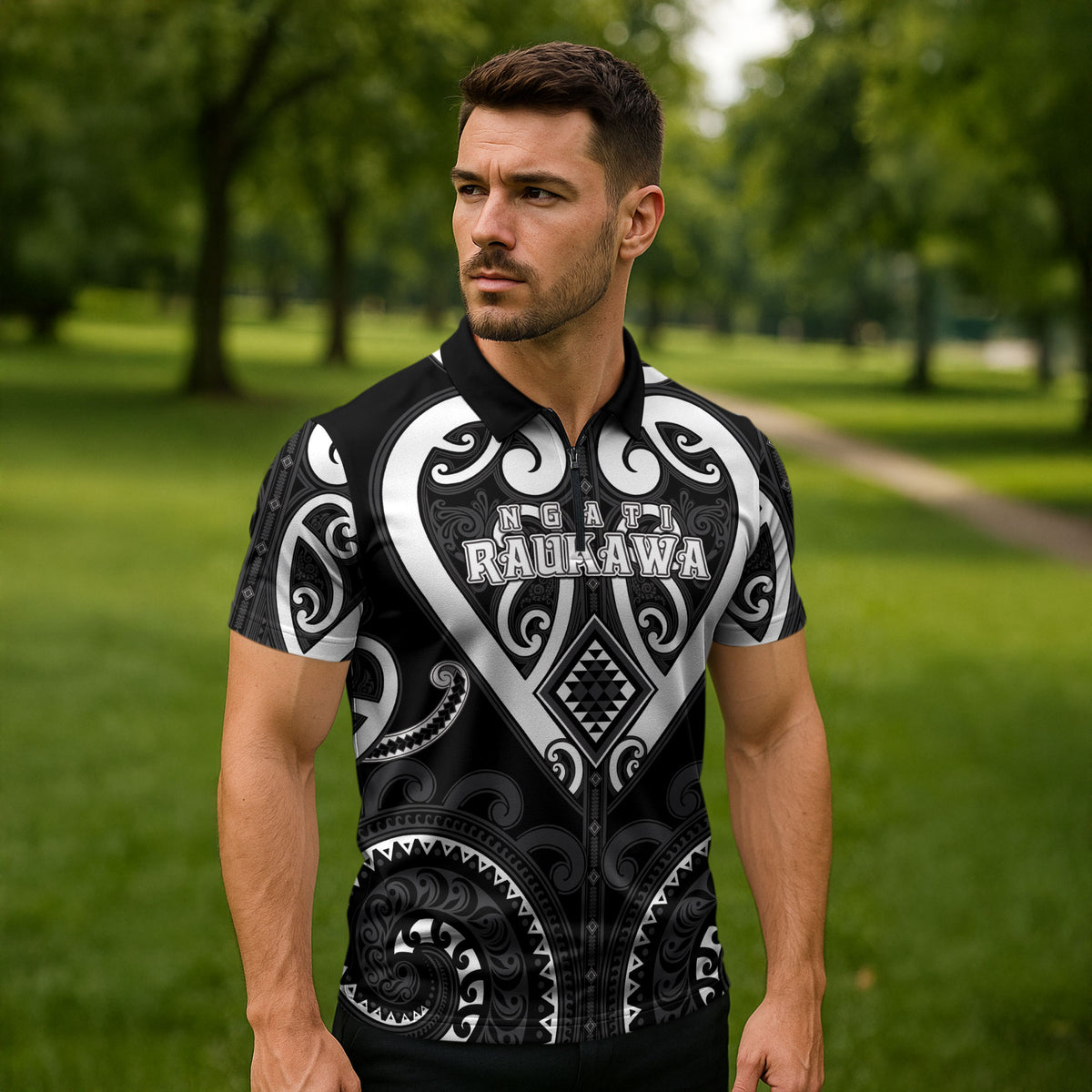 Custom Aotearoa Ngati Raukawa Zipper Polo Shirt Maori Tribal Pattern