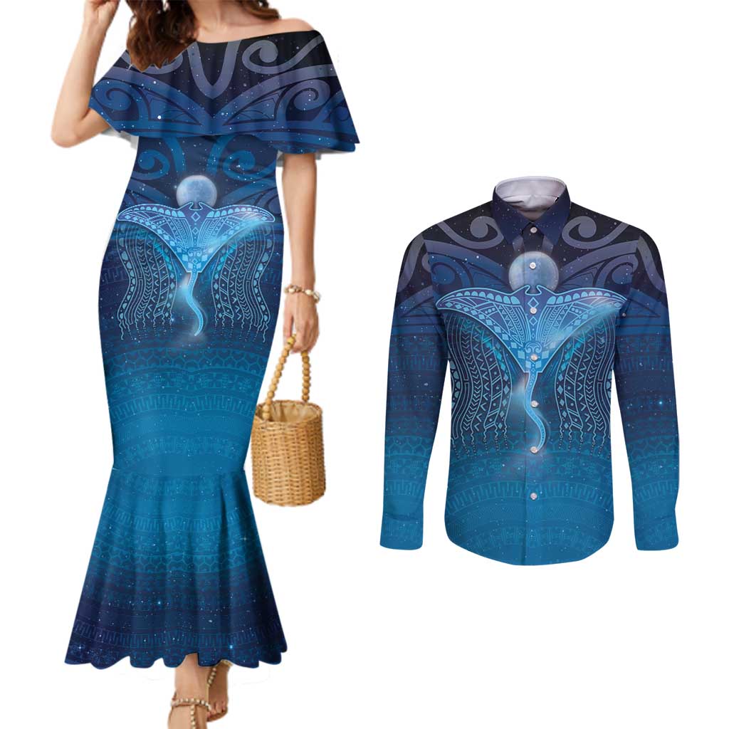 Polynesia Manta Ray Couples Matching Mermaid Dress and Long Sleeve Button Shirt Let's The Sea Set You Free LT05 Blue - Polynesian Pride